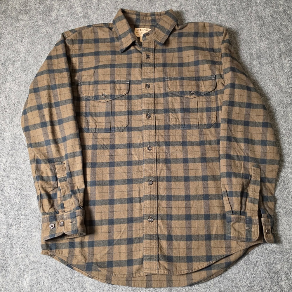 Filson Field Flannel Shirt Mens Medium Brown Navy Blue Plaid Cotton Button Down